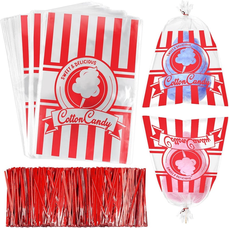Geyee 500 Count Cotton Candy Bags with Ties Large Clear Cotton Candy Bags with Stripe Print, Perfect for the Carnivals Summer Party Kitchen Supplies 17.7 x 11.8 Inch - Image 1